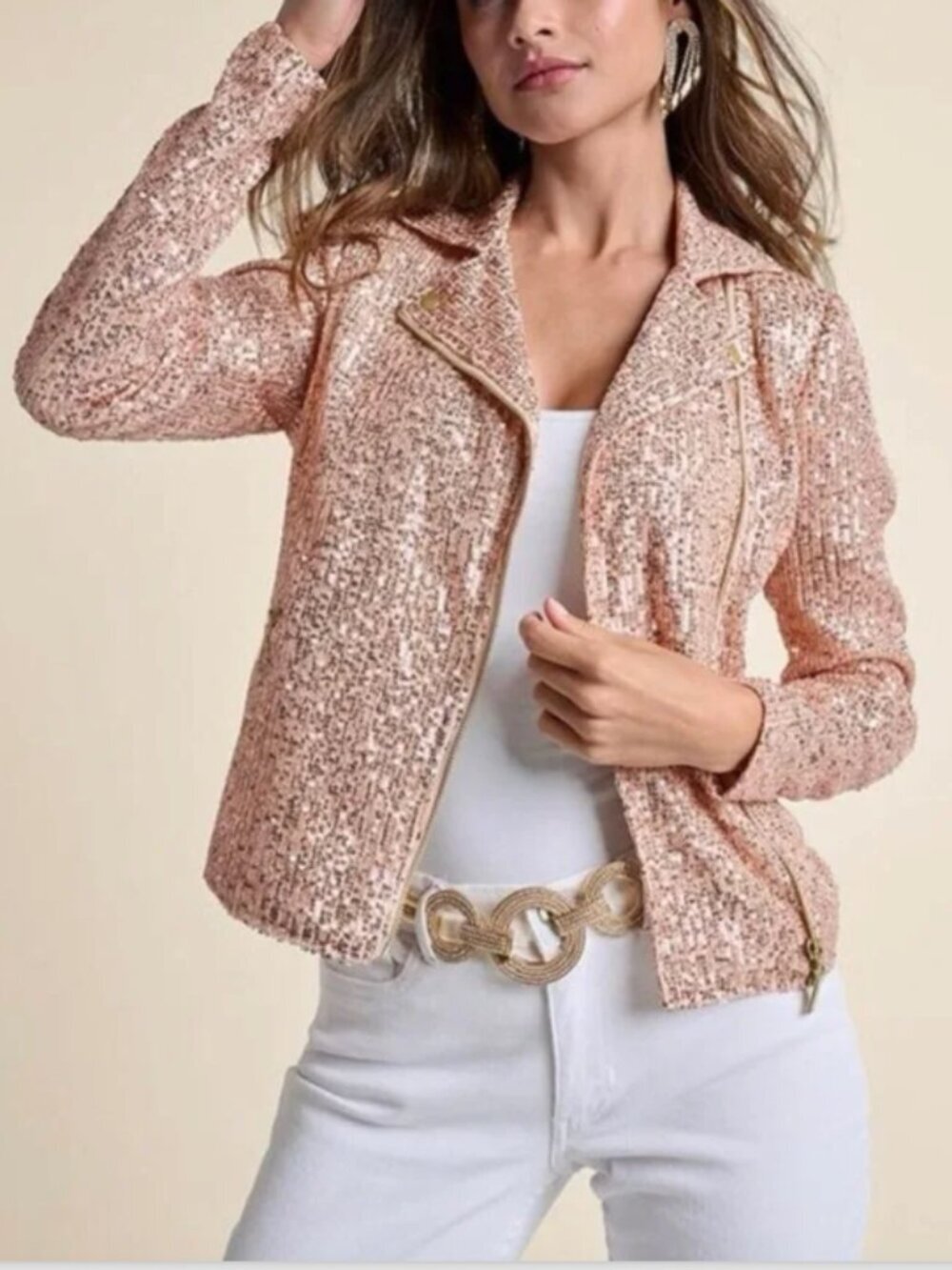 Venus Sequin Moto Jacket Blush Pink Size 2 Womens Sparkle Evening Party Disco